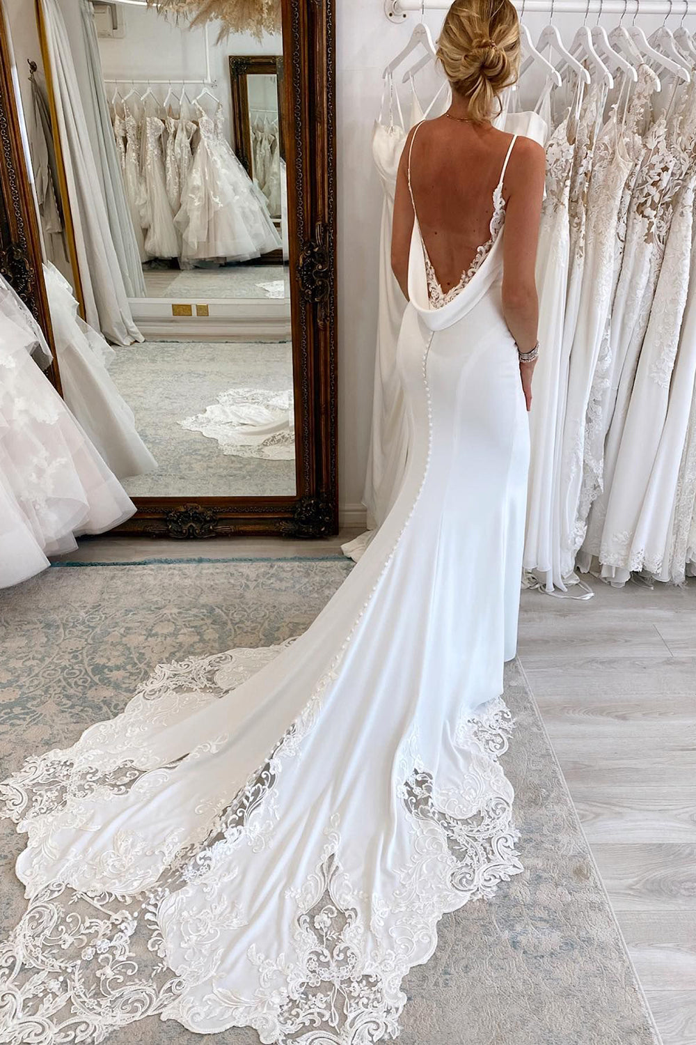 Jayda | White Spaghetti Straps Long Mermaid Boho Wedding Dress with Lace