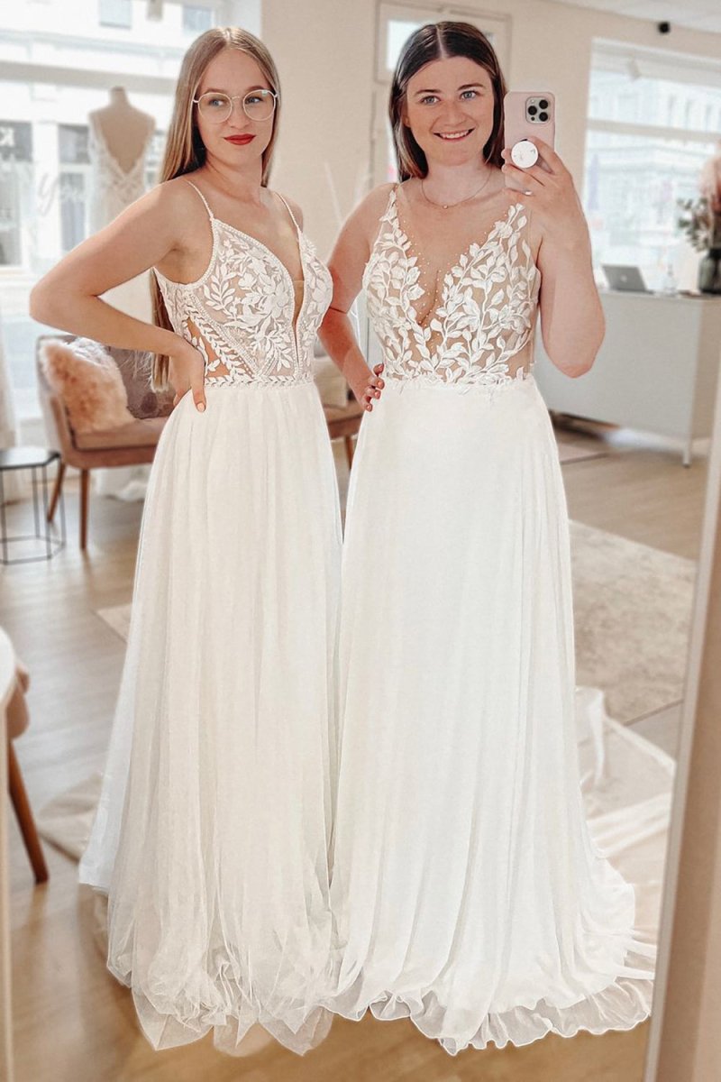 Simple White A-Line Boho Long Chiffon Wedding Dress with Lace Appliques Diamond White / 14
