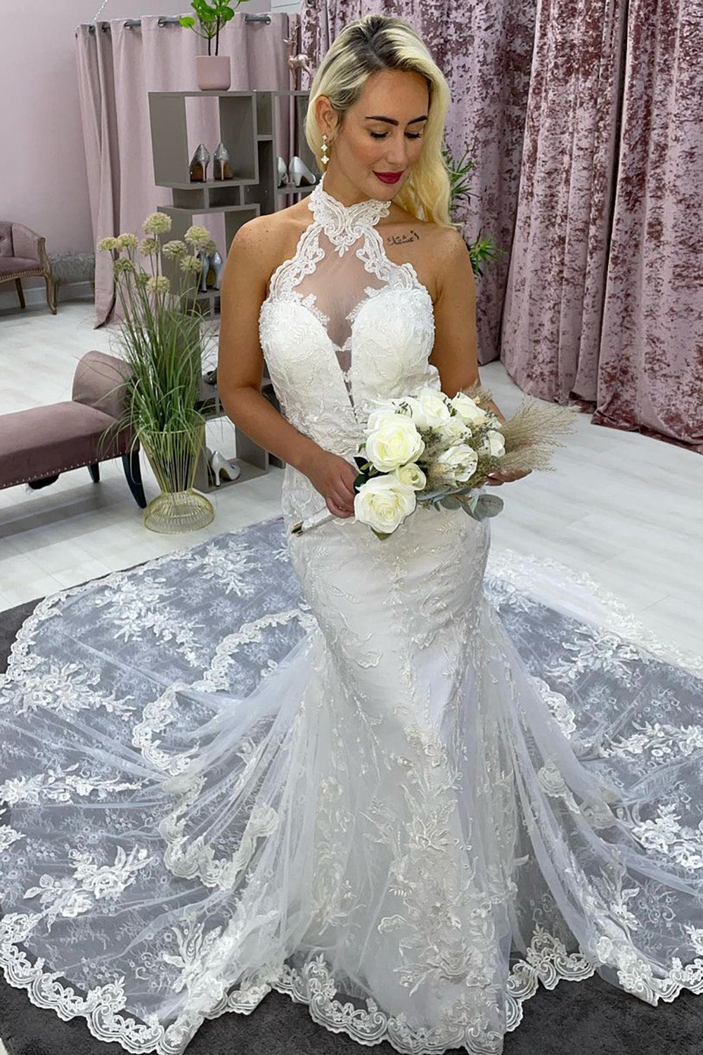 Ayleen | Ivory Halter Long Train Mermaid Wedding Dress with Appliques