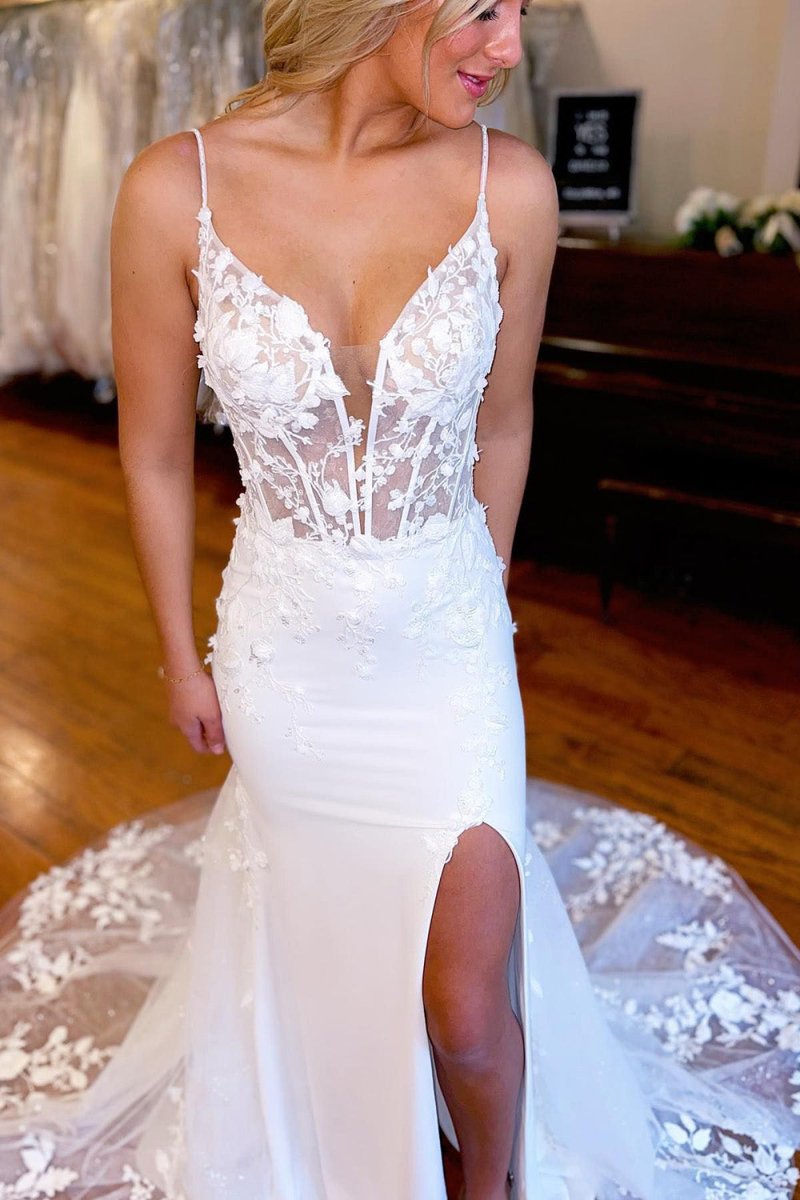 Devonsol | Ivory Spaghetti Straps High Slit Mermaid Wedding Dress with Appliques