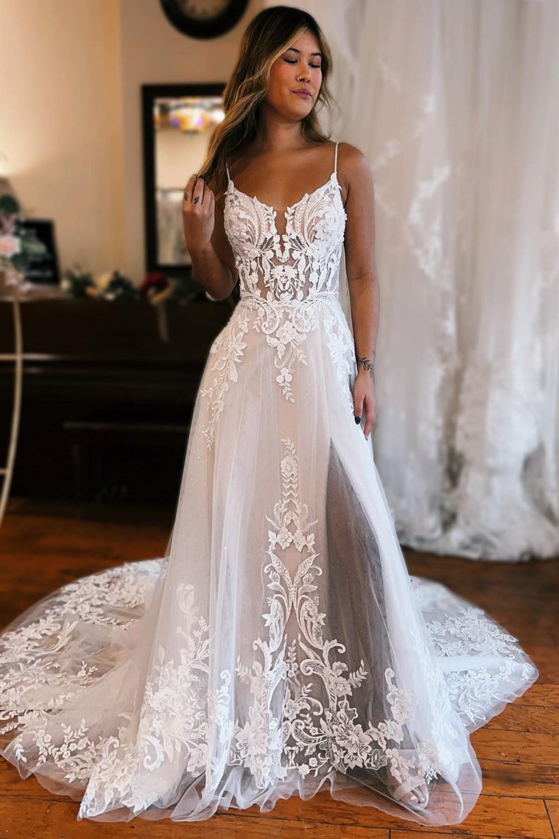 Ivory Detachable Sleeve High Slit A-Line Wedding Dress with Appliques, Diamond White / 24