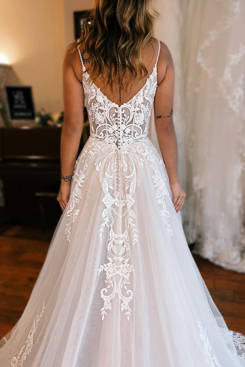 Annika | Ivory Detachable Sleeve High Slit A-Line Wedding Dress with Appliques