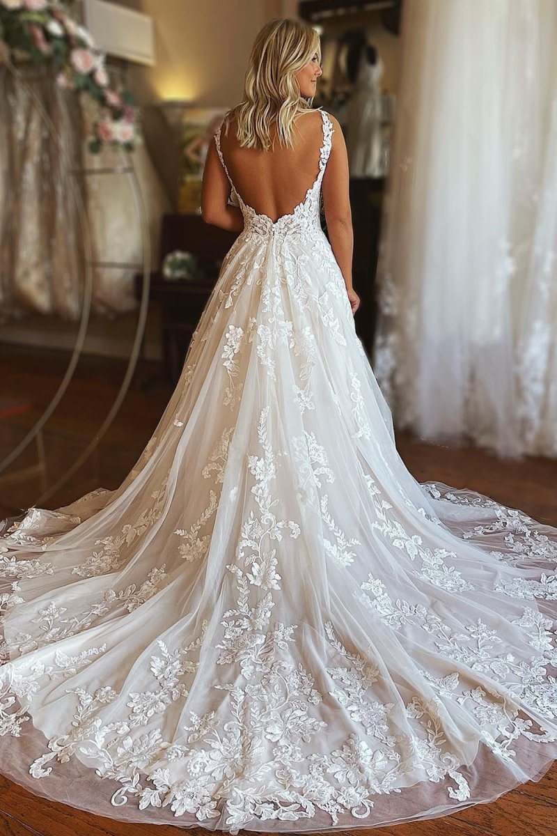 Ivory V-Neck A-Line Tulle Wedding Dress with Pockets, White-Nude / 26