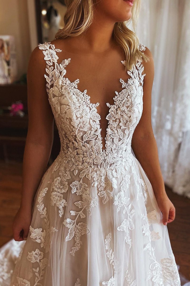 Ivory V Neck Lace Tulle Bridal Dress A Line Beach Wedding Dress main image 1