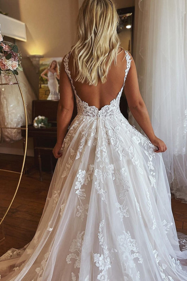 A-line V-neck Lace Up Tulle Gown Ivory