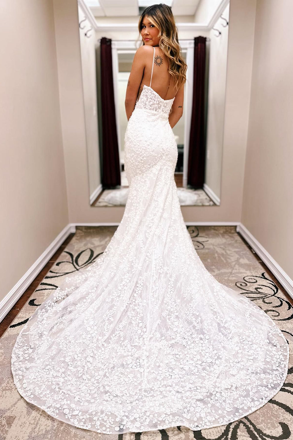 Drew | Ivory Spaghetti Straps Long Train Lace Mermaid Wedding Dress