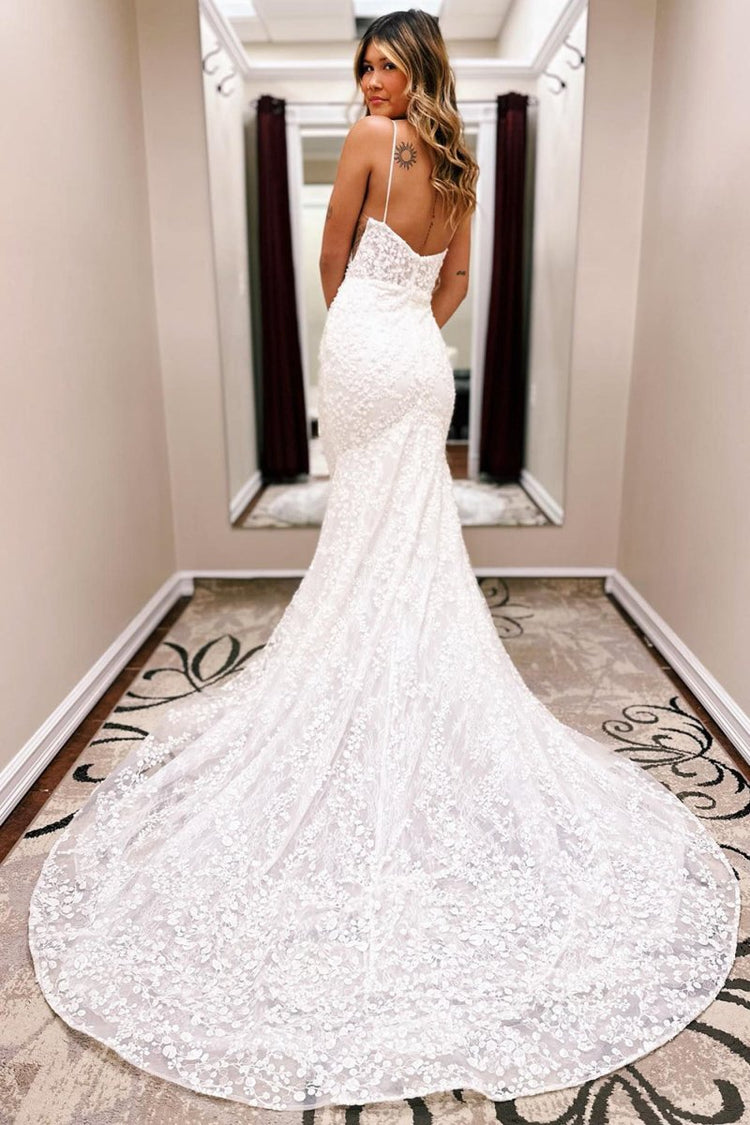 Mermaid Spaghetti Straps Backless Ivory Lace Wedding Dress DML61 main image 0