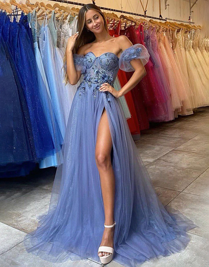 Andie | Dusty Blue Sweetheart Tulle A Line Long Prom Dress