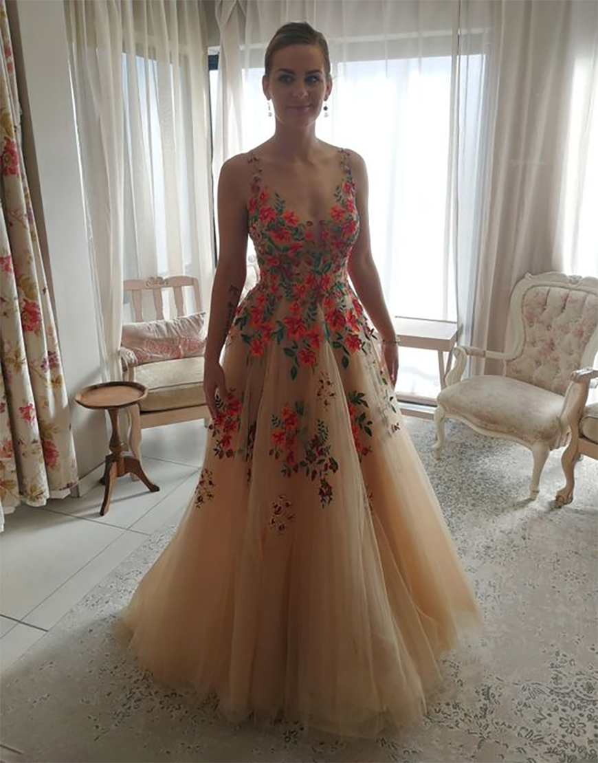 Anita | Champagne V Neck Flower A Line Long Prom Dress