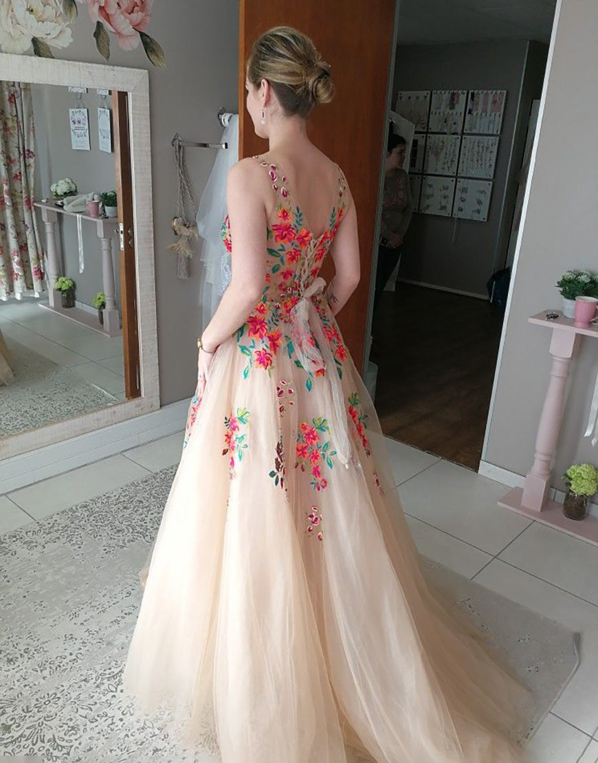 Anita | Champagne V Neck Flower A Line Long Prom Dress