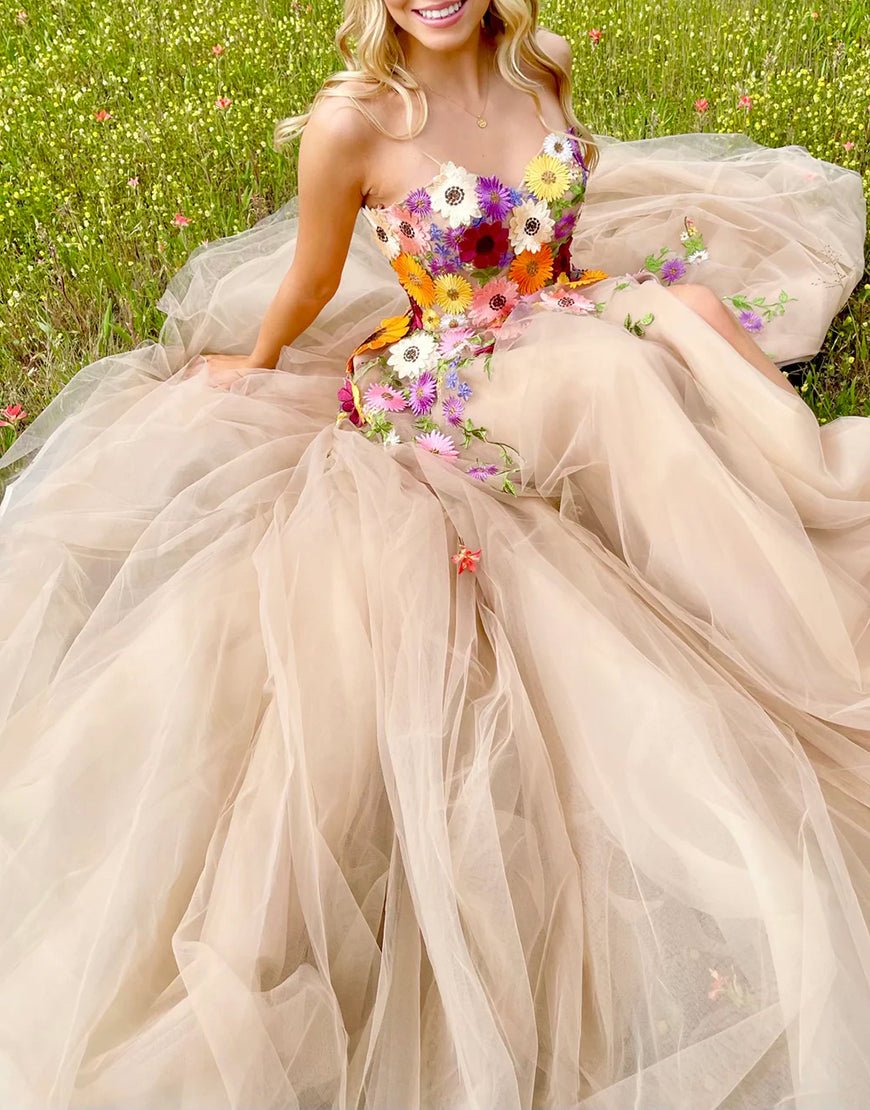Adeline | Champagne A Line Sweetheart Flower Long Prom Dress With Appliques - KissProm