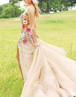 Adeline | Champagne A Line Sweetheart Flower Long Prom Dress With Appliques - KissProm