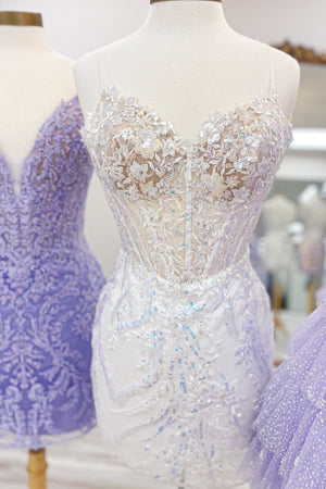 Carlene | Light Blue Sequin Lace Sweetheart Fitted Short Homecoming Dress