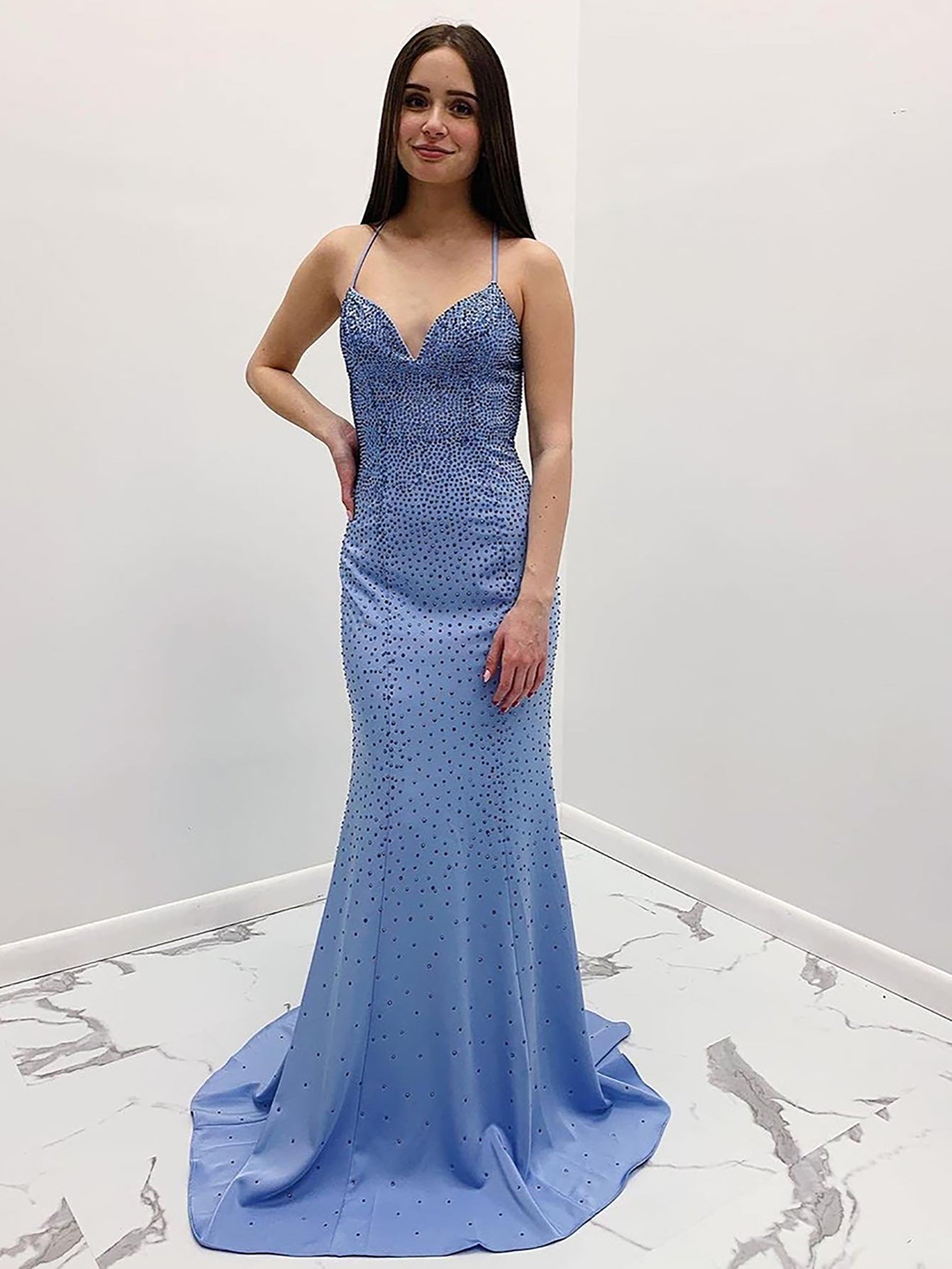 Avayah | Mermaid Blue V-Neck Long Prom Dress