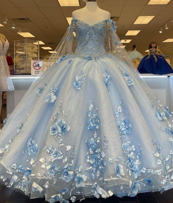 Sky Blue Long Dress 3D Applique Off Shoulder Ball Gown Quinceanera Dresses