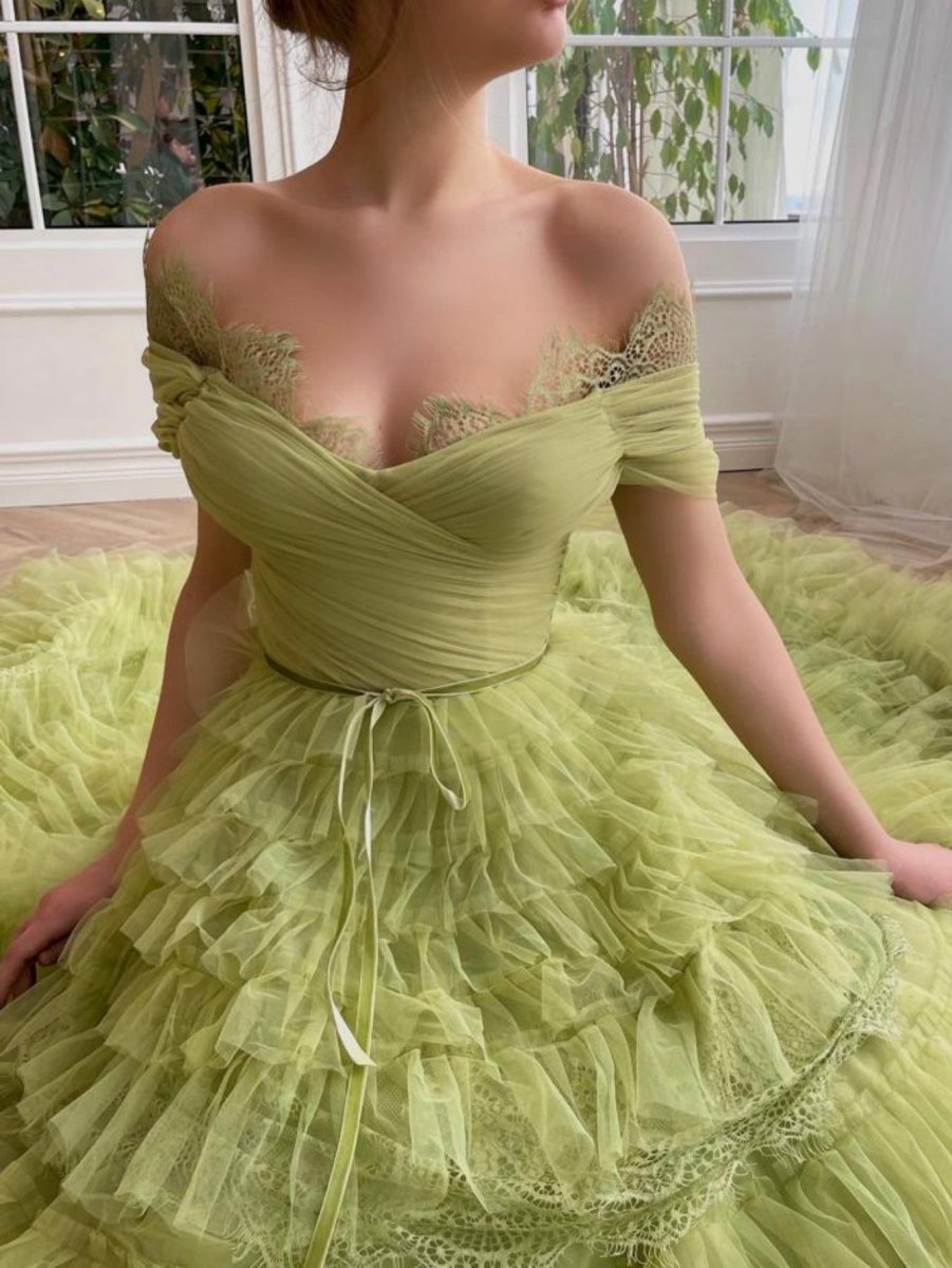 Sylvie Green A Line Off the Shoulder Tulle Prom Dress with Sweep Train Sylvie Green A Line Off the Shoulder Tulle Prom Dress with Sweep Train