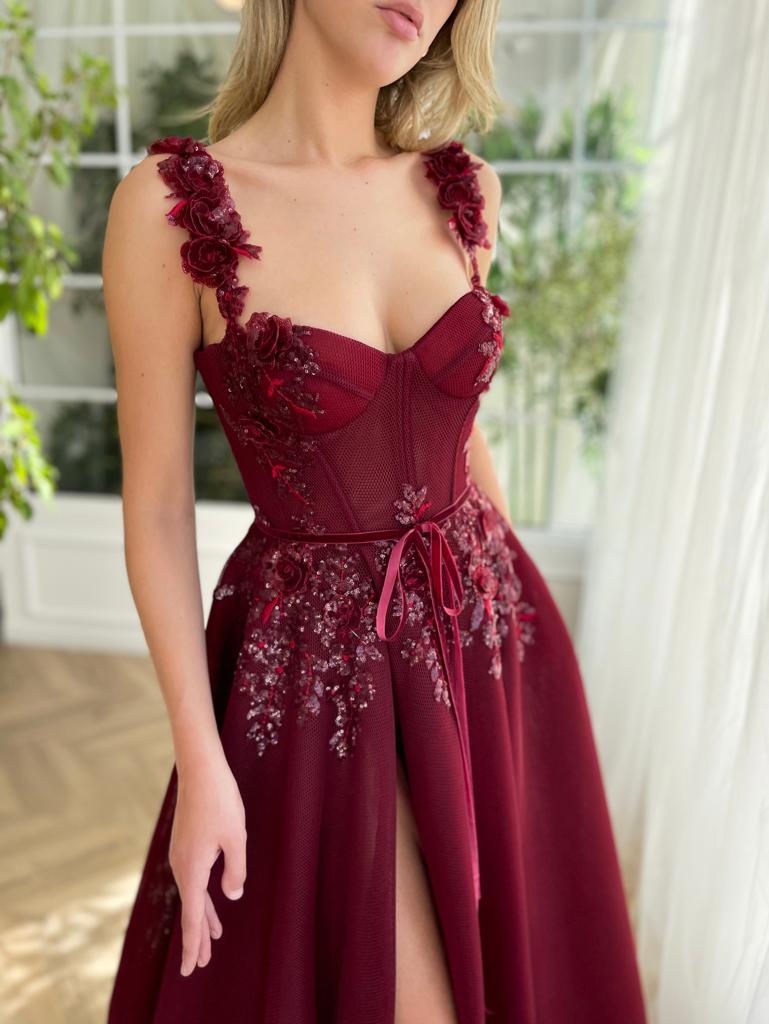 Averie | Maroon A-line Floral Seqin Long Prom Dress With Slit
