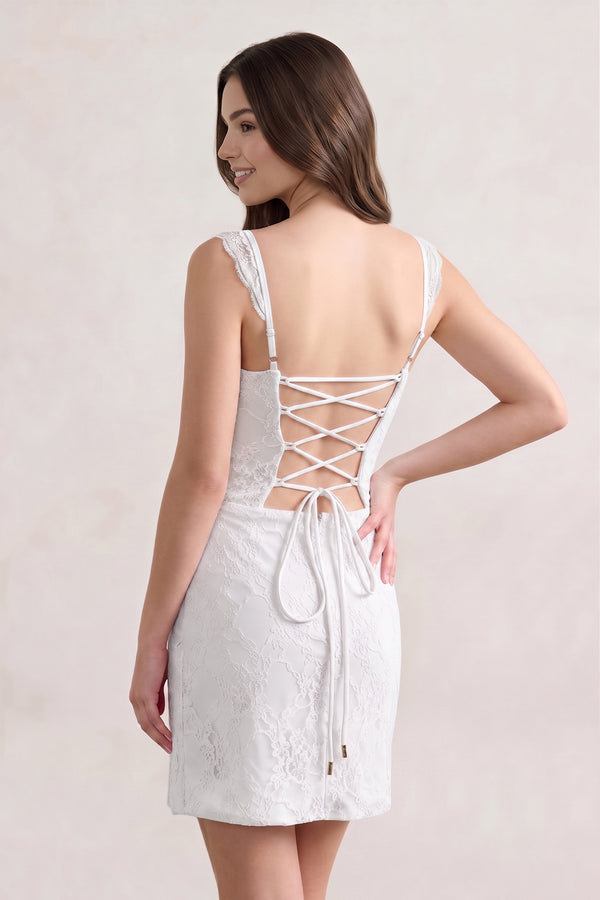 White Spaghetti Straps Sheath Lace Short Homecoming Dress With Slit - KISSPROM