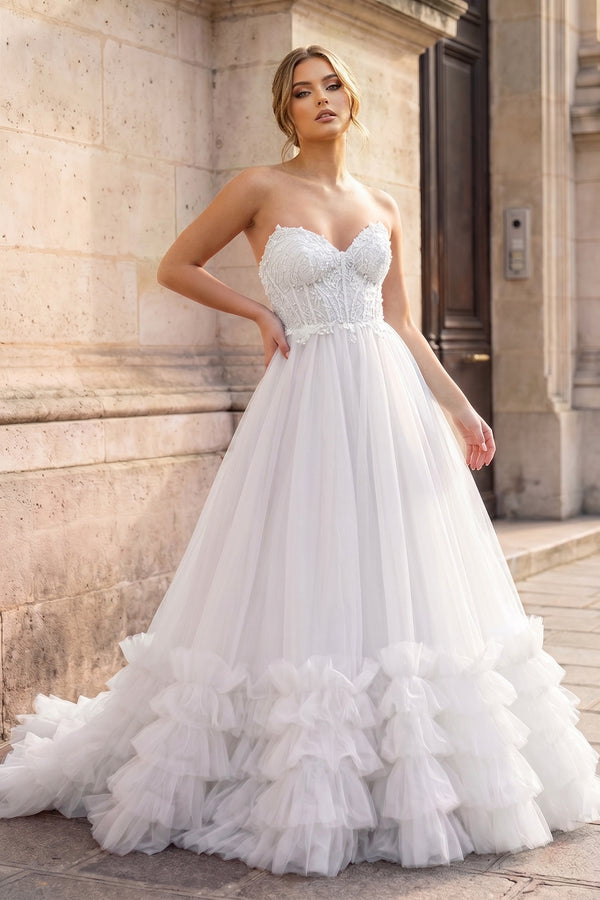 Red Tulle Appliques Sweetheart Ruffle Long Prom Dress - KISSPROM PROM DRESSES