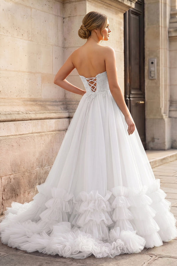 Red Tulle Appliques Sweetheart Ruffle Long Prom Dress - KISSPROM PROM DRESSES