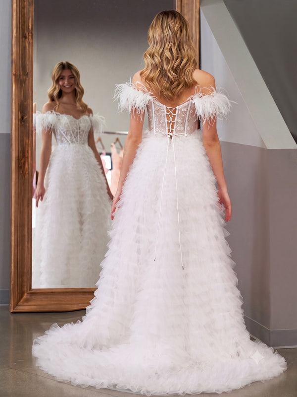 A Line Sweetheart Tiered Tulle Long Prom Dress With Slit - KissProm
