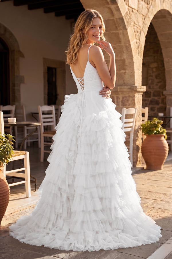 A-Line Spaghetti Straps Tiered Tulle Prom Dress - KissProm