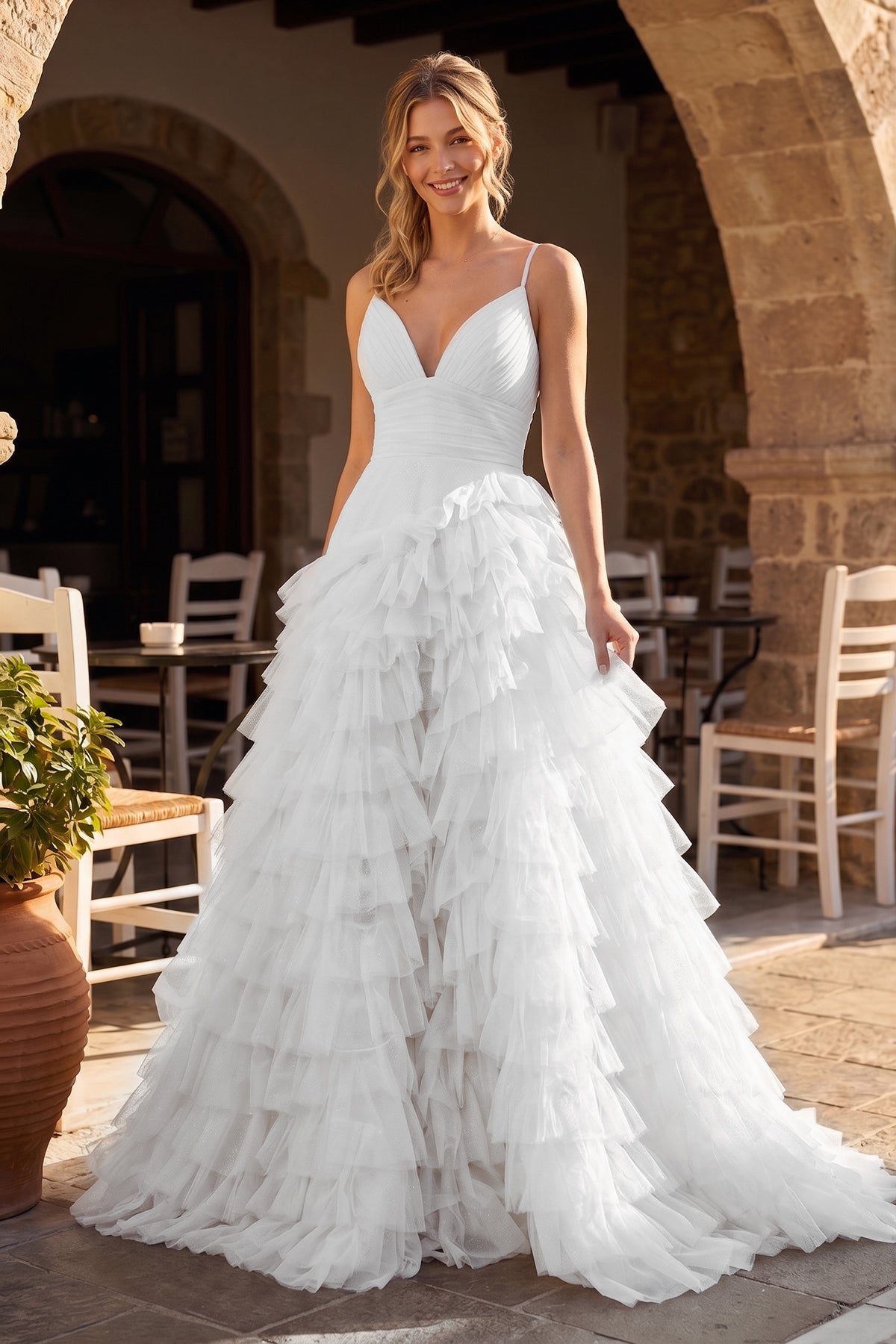 KissProm A-Line Spaghetti Straps Tiered Tulle Prom Dress, White / 0