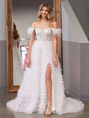 A Line Sweetheart Tiered Tulle Long Prom Dress With Slit - KissProm