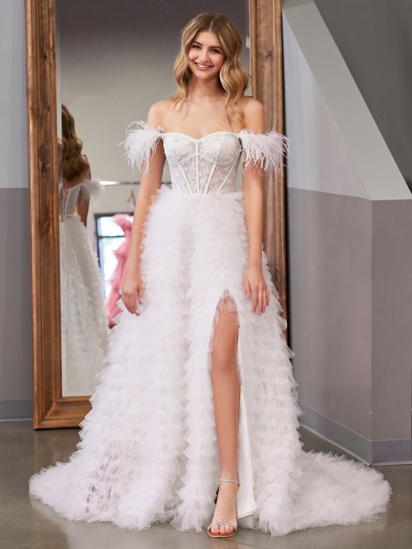 A Line Sweetheart Tiered Tulle Long Prom Dress With Slit - KissProm