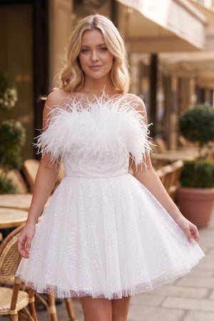 A-Line Black Sequin Feather Short Party Dress - KissProm 