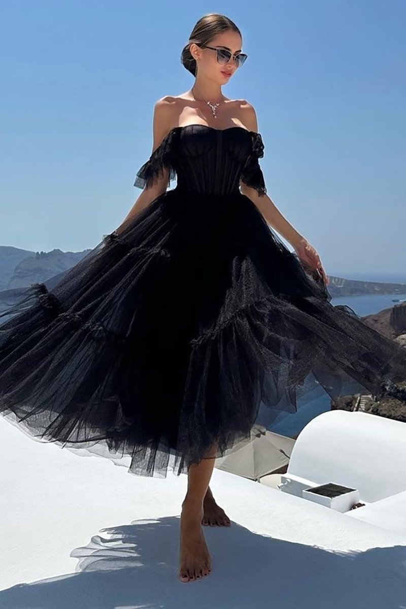 Black Ruffled Tulle Midi Dress Black / 8 Black Ruffled Tulle Midi Dress Black / 8