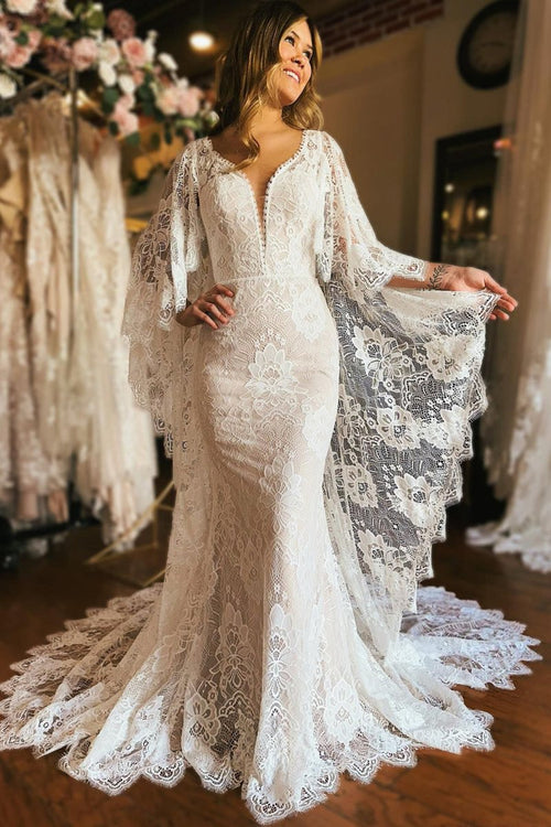 Anais | Ivory Long Sleeve Cape Lace Mermaid Wedding Dress with Appliques main image 1