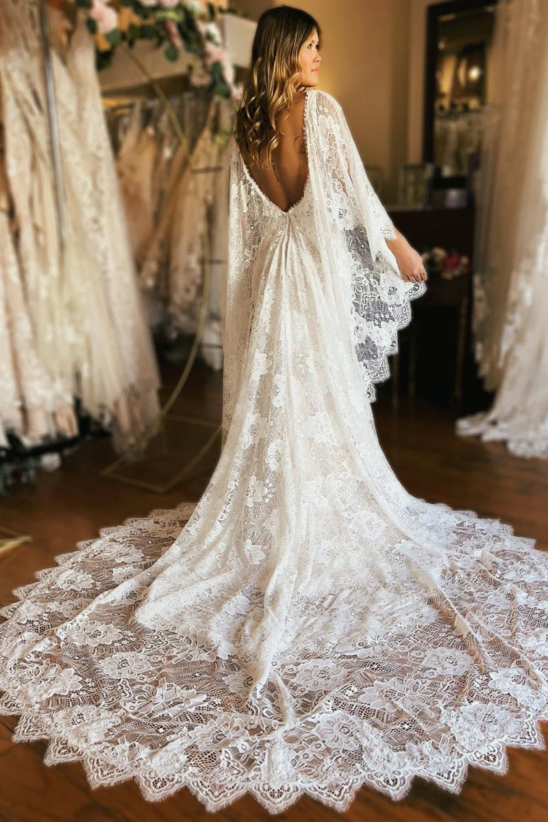 Mermaid Gold Appliques Half Sleeve Cape Bridal Gowns TWA079