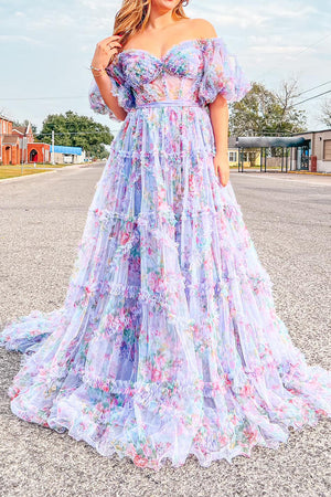Sydney White A Line Off The Shoulder Floral Tulle Prom Dress | KissProm