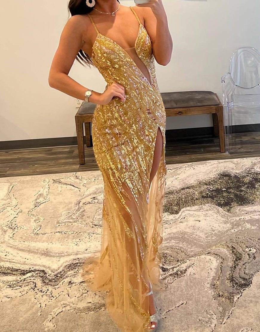 Adrienne | Sparkly Gold Spaghetti Straps Backless Long Prom Dress with Slit