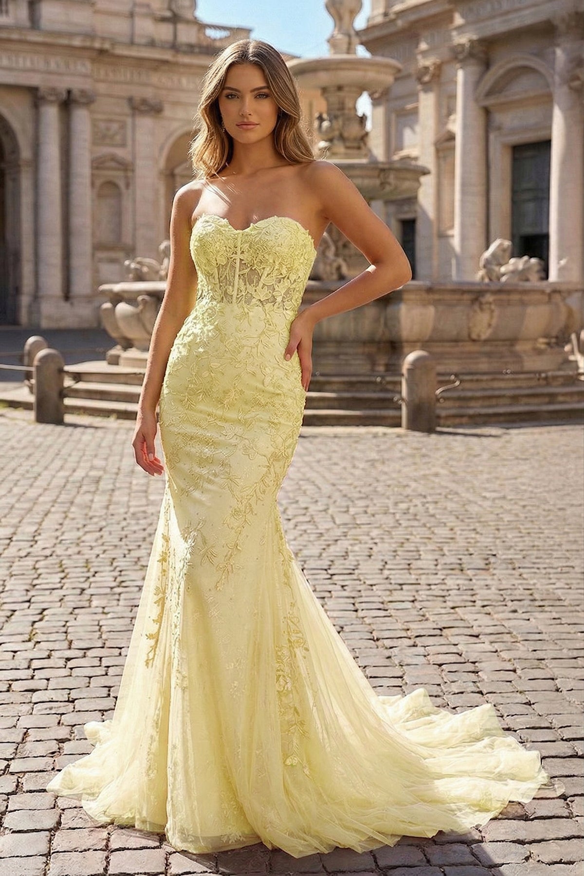 KissProm Mermaid Sweetheart Tulle Lace Prom Dress, Yellow / 4