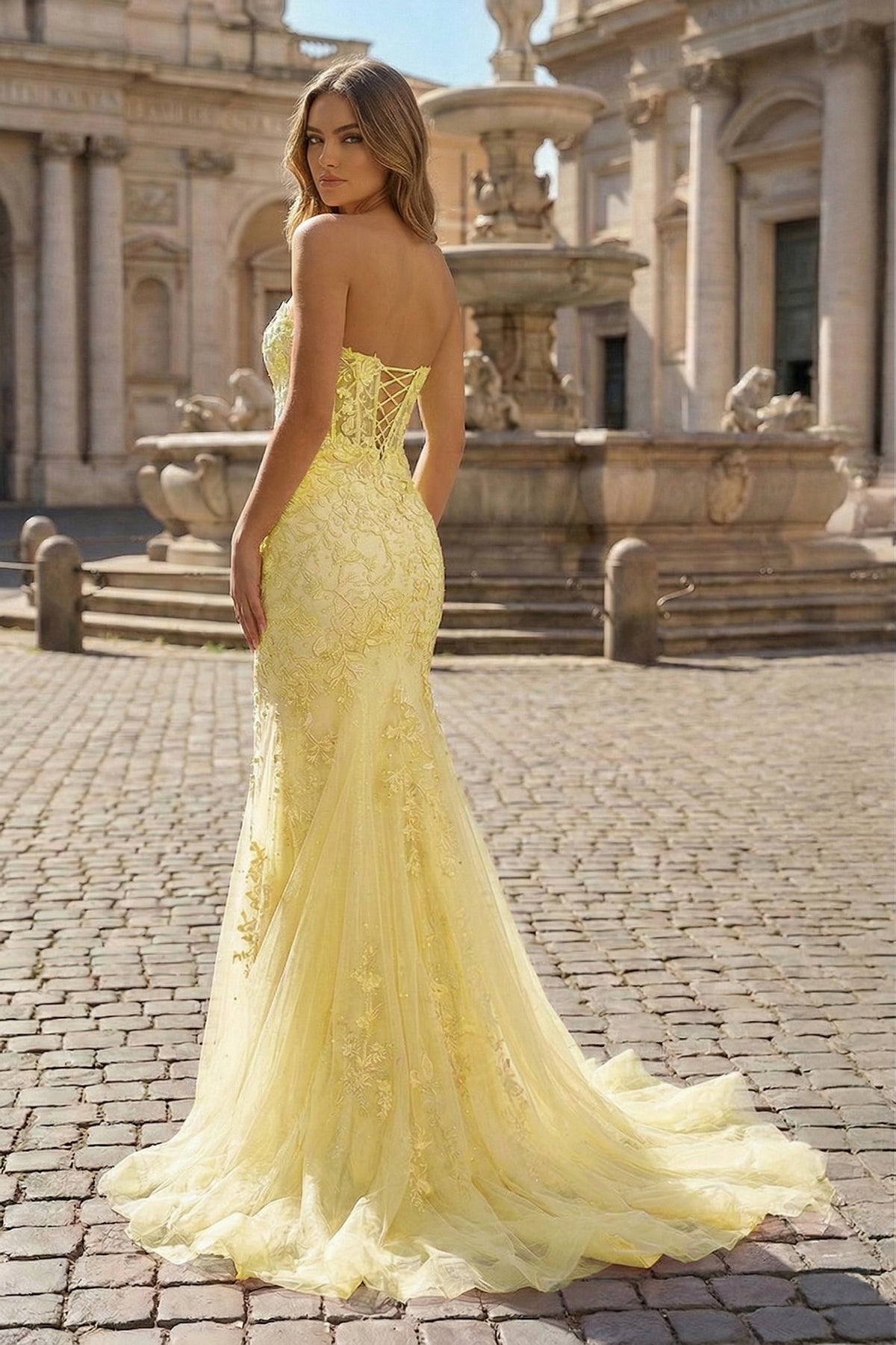Mermaid Sweetheart Tulle Lace Prom Dress, Yellow / 4 Mermaid Sweetheart Tulle Lace Prom Dress, Yellow / 4