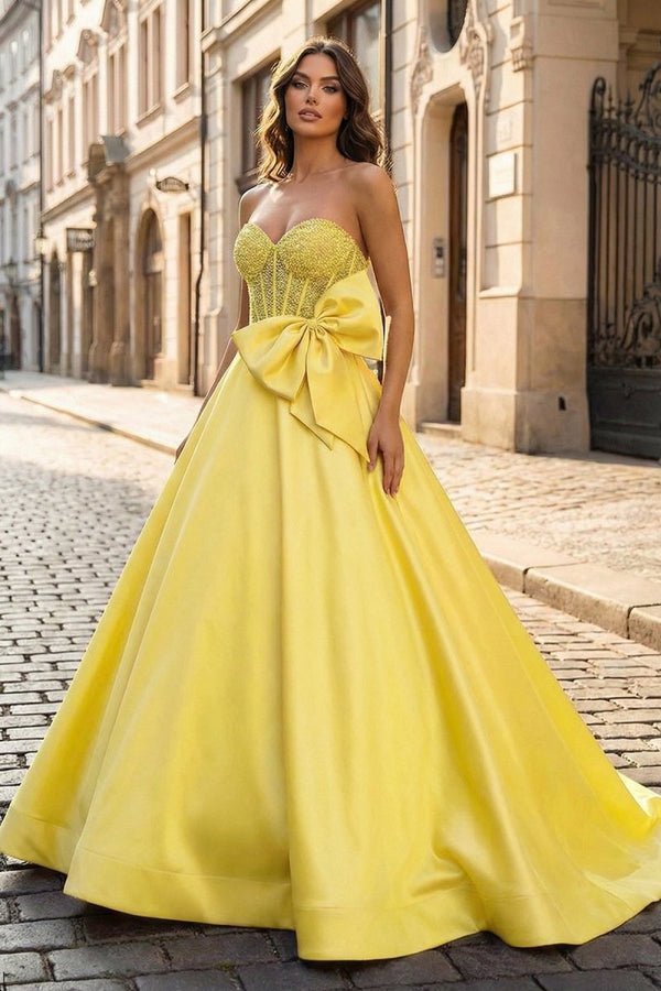 A-Line Sweetheart Lilac Beaded Long Prom Dresses With Bow A-Line Sweetheart Lilac Beaded Long Prom Dresses With Bow