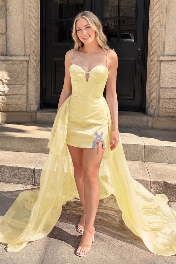 Yellow Bodycon Sweetheart Satin Short Homecoming Dress with Beading - KISSPROM