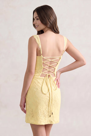 Yellow Spaghetti Straps Sheath Lace Short Homecoming Dress With Slit - KISSPROM