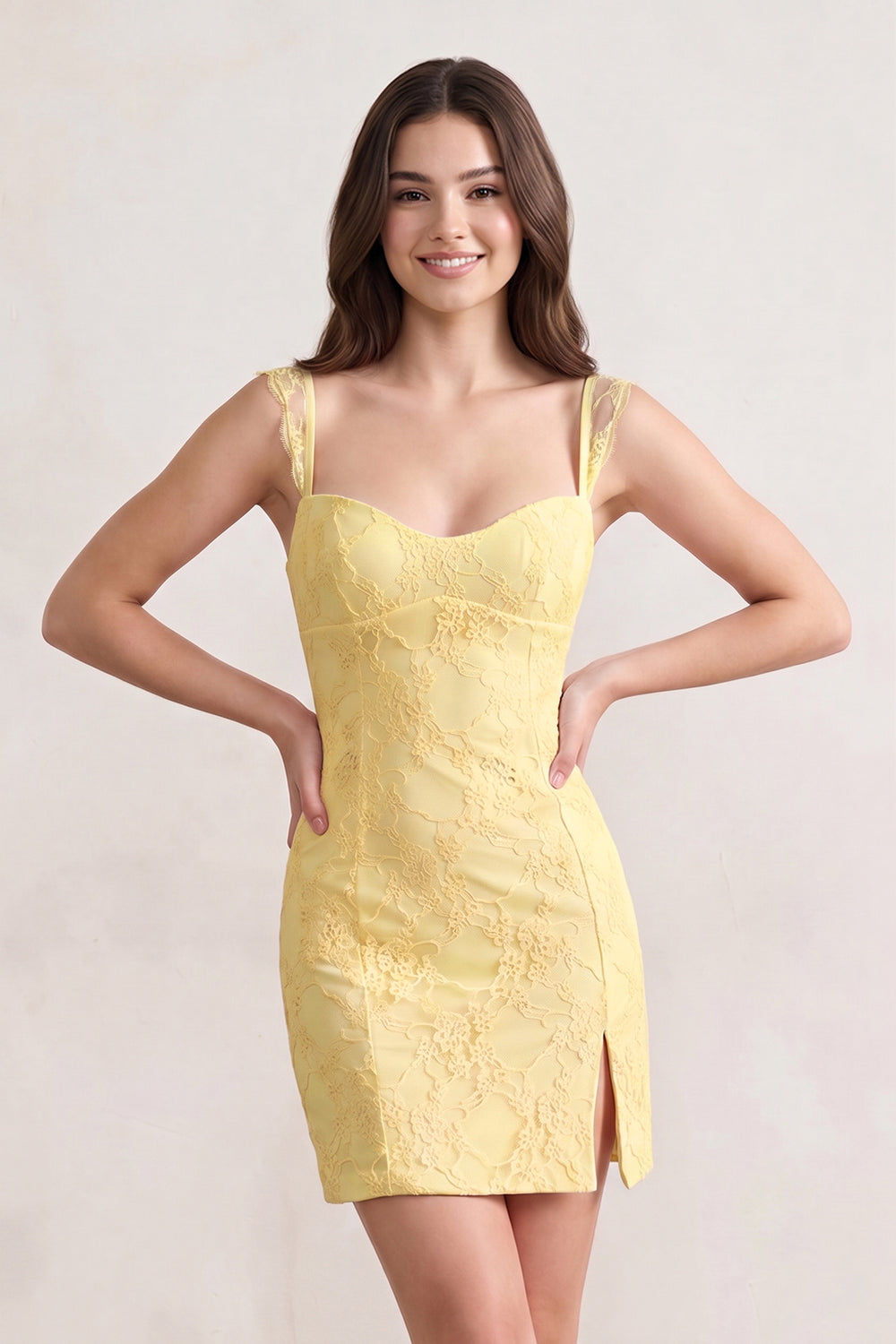 Yellow Spaghetti Straps Sheath Lace Short Homecoming Dress With Slit - KISSPROM