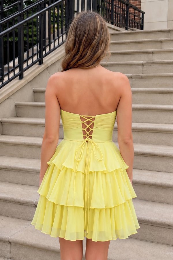 Yellow Strapless A Line Chiffon Ruffles Homecoming Dresses With Flower - KISSPROM