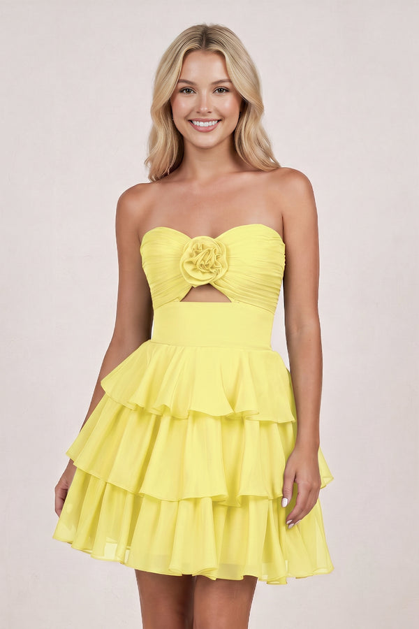 Yellow Strapless A Line Chiffon Ruffles Homecoming Dresses With Flower - KISSPROM