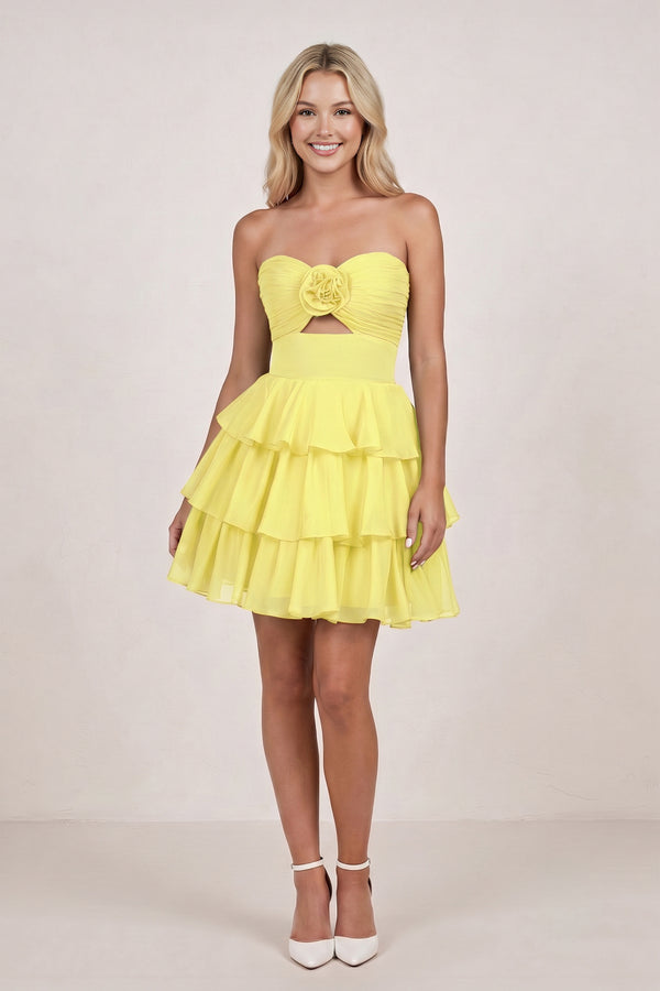 Yellow Strapless A Line Chiffon Ruffles Homecoming Dresses With Flower - KISSPROM