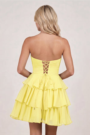 Yellow Strapless A Line Chiffon Ruffles Homecoming Dresses With Flower - KISSPROM