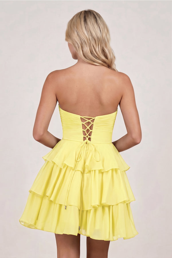 Yellow Strapless A Line Chiffon Ruffles Homecoming Dresses With Flower - KISSPROM