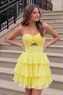 Yellow Strapless A Line Chiffon Ruffles Homecoming Dresses With Flower - KISSPROM