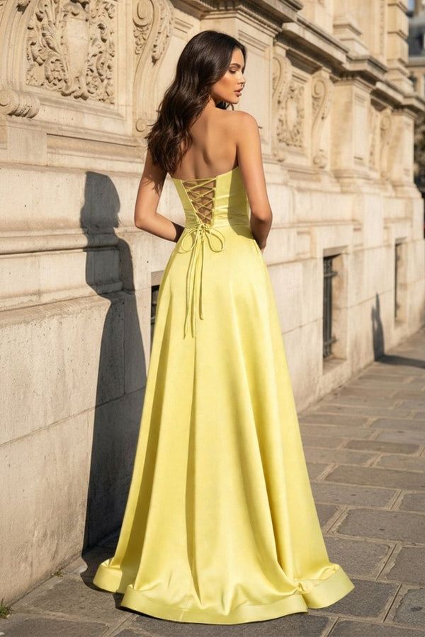 A Line Black Strapless Satin Prom Dresses With Slit - KissProm