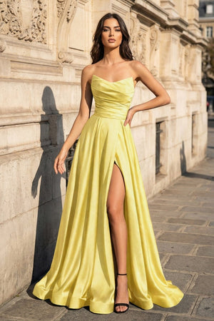 A Line Black Strapless Satin Prom Dresses With Slit - KissProm