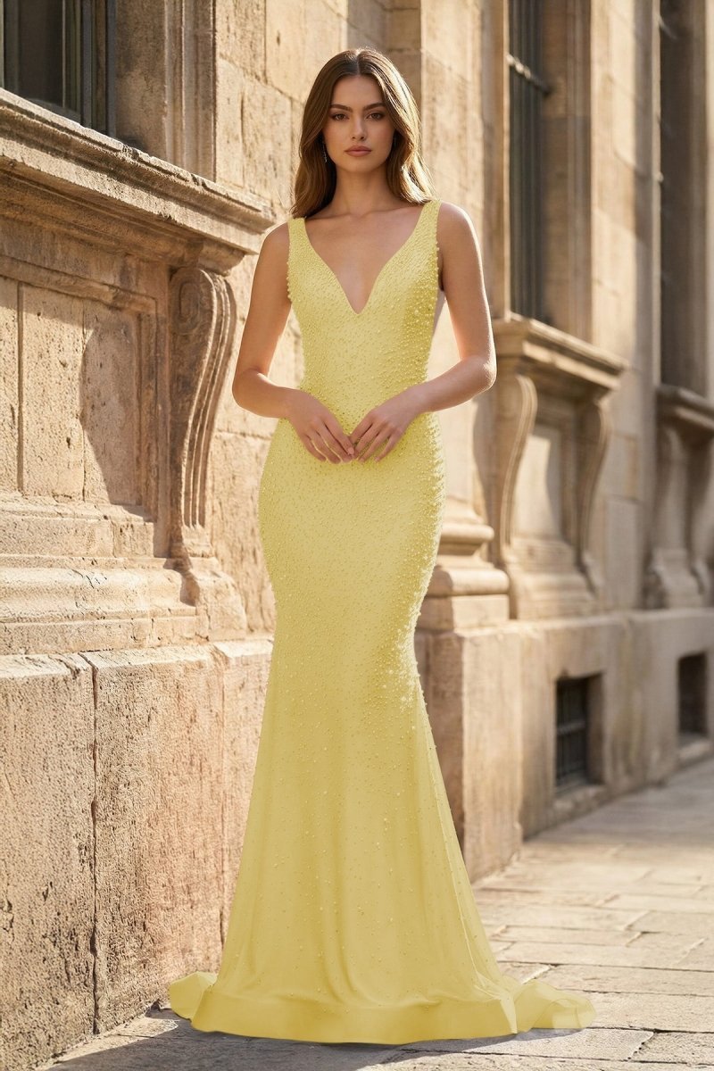 KissProm Pink V Neck Mermaid Satin Long Prom Dresses With Pearls, Navy Blue / 2